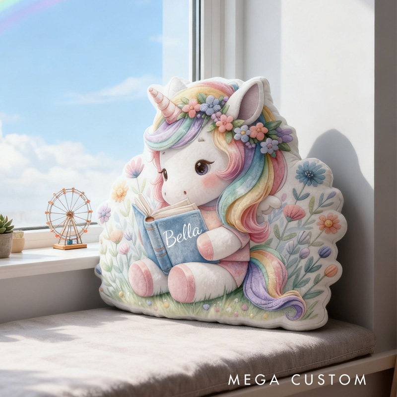Personalized Reading Horse Throw Pillow Cartoon Horse Pillow with Name Book Pillow for Kids Boys Girls Book Lover Christmas Gift