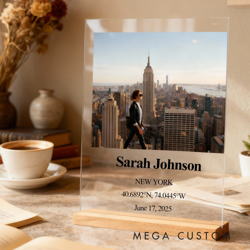 Personalized Acrylic Voyage Display with Wooden Base for Travel Lovers