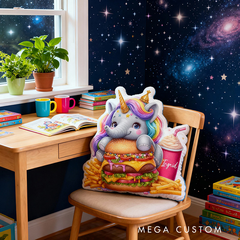 Personalized Elephant and Hamburger Throw Pillow with Name Cute Burger Pillow for Kids Girl Baker Christmas Gifts Loving Room Decor