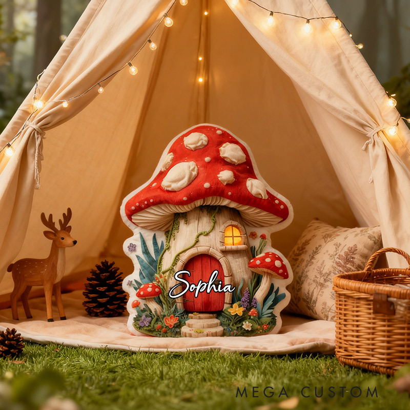 Personalized Mushroom Houses Pillow Graphic 3D Print Custom Name Cottagecore Pillow Gift for Kids Famlily Housewarming Gift