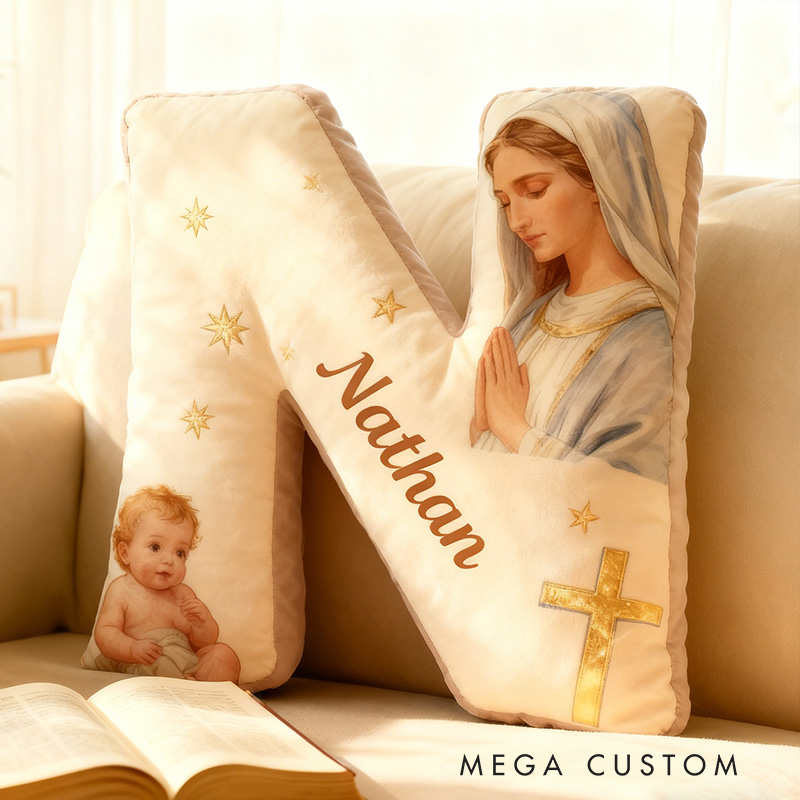 Personalized the Virgin Mary and baby Jesus Letter Pillow with Custom Name Religious Home Decor Graphic 3D Print Pillow Christian Gift Faith Gift