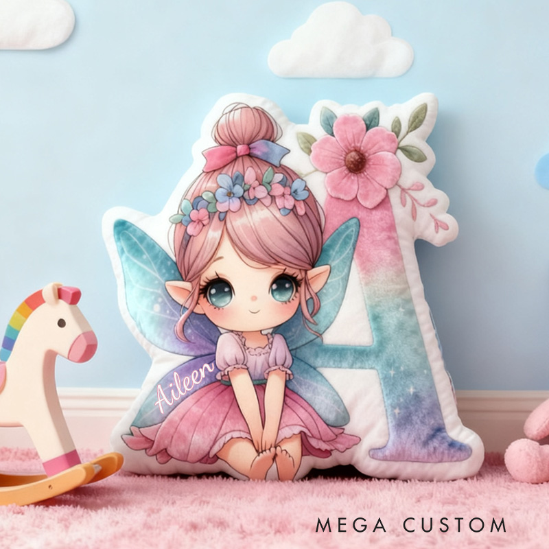 Personalized Fairy Alphabet Throw Pillow Graphic 3D Print Garden Fairy Letter Pillow with Name Pillow for Kids Girl Boy Gardener Christmas Gifts Loving Room Decor