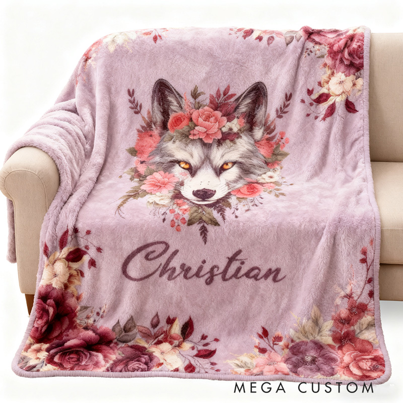Personalized Floral Wolf Blanket Outdoor Wildlife Enthusiast Blanket Gift for Outdoor Hunting Enthusiasts