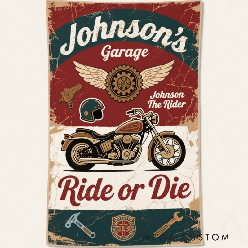 Personalized Vintage Motorcycle Garage Beach Towel Custom Name and Text Retro Biker Style Two Designs Available