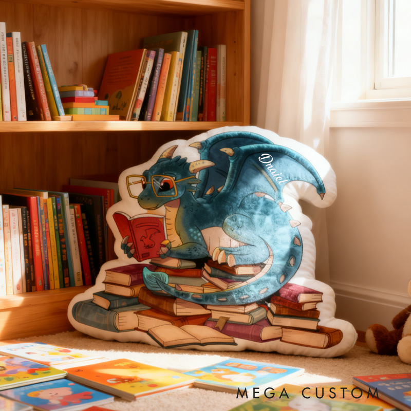 Personalized Reading Dragon Throw Pillow Graphic 3D Print Glasses Dragon Pillow with Name Book Pillow for Kids Boys Girls Book Lover Christmas Gift