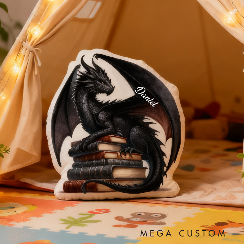 Personalized Black Dragon Throw Pillow Graphic 3D Print Dragon and Book Pillow with Name Book Pillow for Kids Boys Girls Book Lover Christmas Gift
