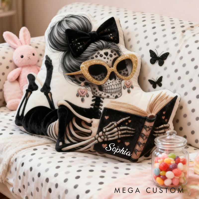 Personalized Reading Skeleton Throw Pillow Graphic 3D Print Fantasy Book Pillow with Name Book Pillow for Book Lover Christmas Gift