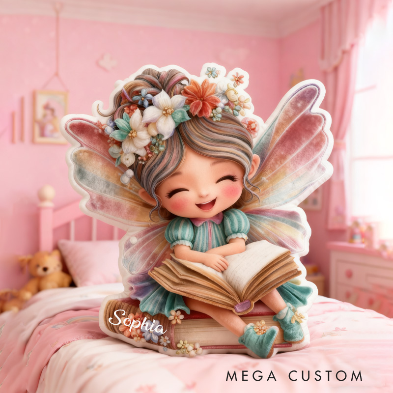 Personalized Fairy Reading Throw Pillow Graphic 3D Print Cute Fairy Pillow with Name Book Pillow for Kids Boys Girl Book Lover Christmas Gift