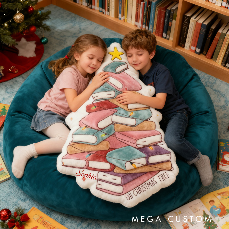 Personalized Book Christmas Tree Throw Pillow Graphic 3D Print Bookish Pillow with Name for Kids Boys Girl Book Lover Christmas Gift