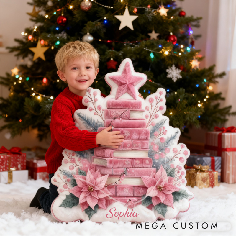 Personalized Christmas Book Tree Throw Pillow Graphic 3D Print Bookish Pillow with Name for Kids Boys Girl Book Lover Christmas Gift