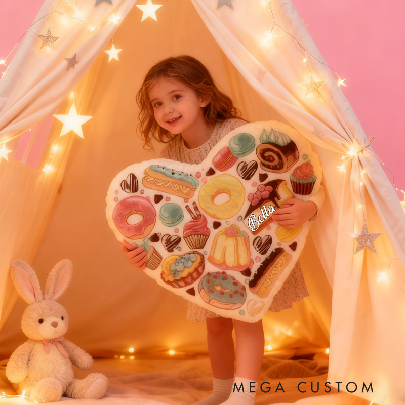 Personalized Dessert Heart Throw Pillow with Name Graphic 3D Print Donut Bread Pillow for Kids Girl Baker Christmas Gifts Loving Room Decor