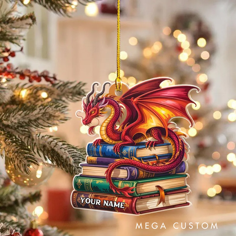 Personalized 2D FLAT Custom Name Book Dragon Ornament Dragon Christmas Gift For Book Lovers