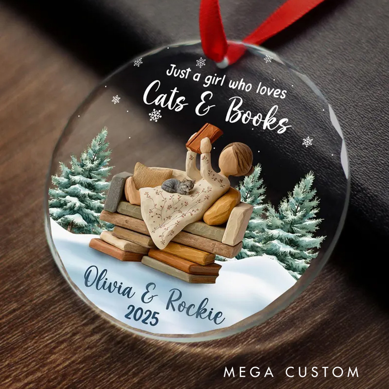 Personalized Cat and Book Lovers Ornament Custom Girl Reading Ornament with Cat Reading Christmas Ornament Bookworm Gift for Readers