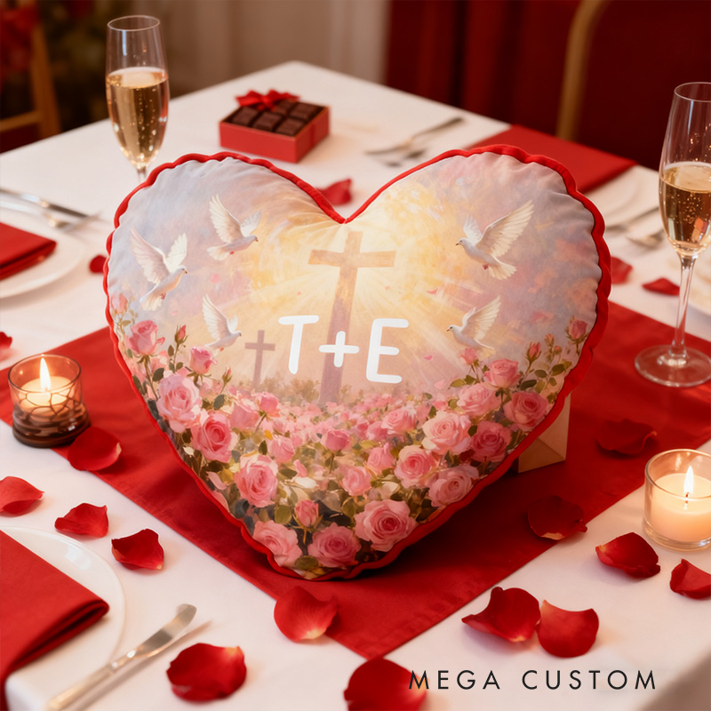 Personalized Cross and white Doves Valentine's Heart Pillow with Custom Name Home Decor Religious Faith Gift for Couple Valentine's Day Gift