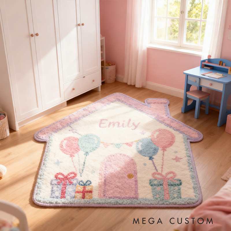 Personalized Rug for Kids Room House-Shaped Soft Plush Carpet Custom Name Floor Mat New Home Gifts