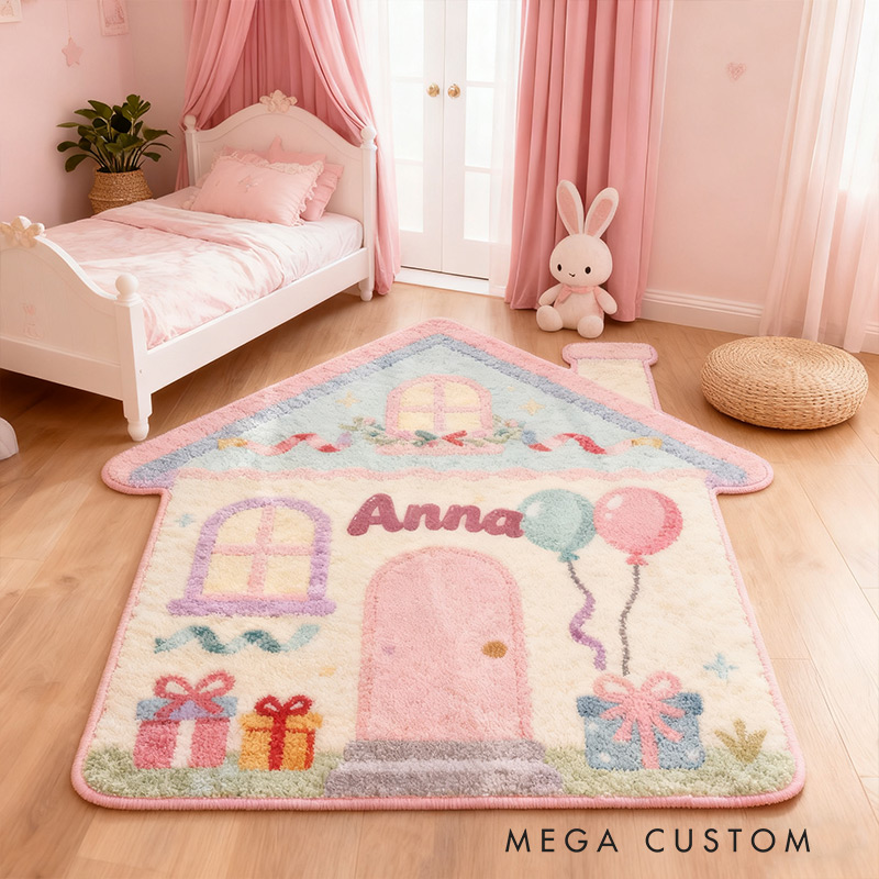 Personalized Rug for Kids Room House-Shaped Soft Plush Carpet Custom Name Floor Mat New Home Gifts