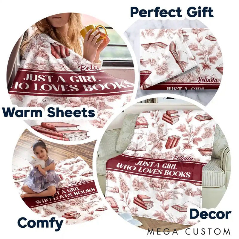 Personalized Just a Girl Who Loves Books Soft Throw Blanket with Name Book Lover Blanket Reader Birthday Gift for Women Girl Bookish Bookworm