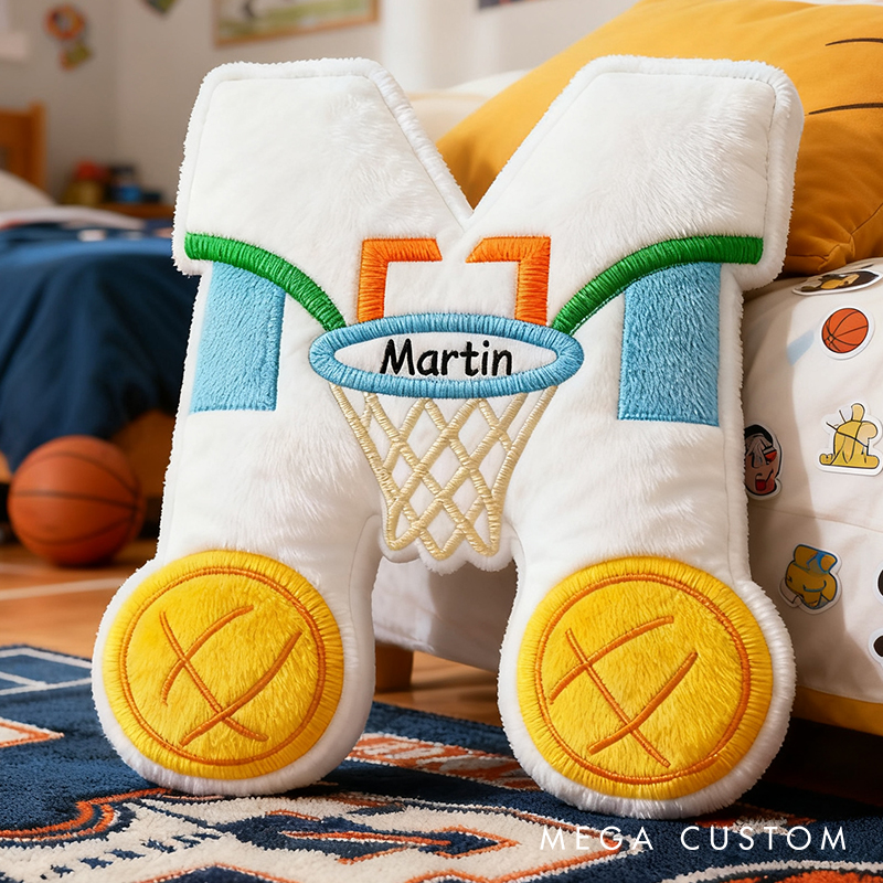 Personalized Sports Themed Letter Pillow with Custom Name and Hoop Design for Kids