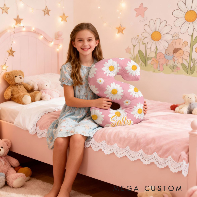 Personalized Initial Pillow Graphic 3D Print Daisy Pink Custom Name Pillow for Girls Gardening Lovers Gift 