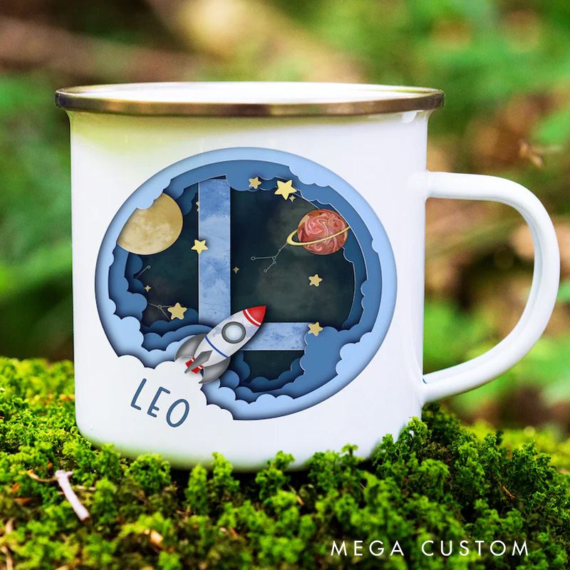 Personalised Alphabet Space Camp Mug Space Themed Boys Gift Enamel Cup Space and Planets Birthday Gift Space Cup