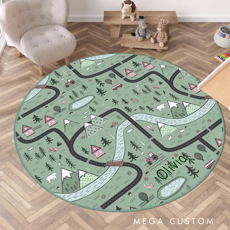 Personalized Mountain Forest Adventure Kids Room Rug Green Woodland Round Kids Rugs Road Child Playroom Mat Outdoor Lovers Gift
