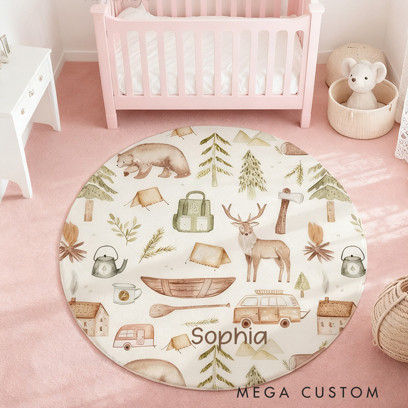 Personalized Woodland Camping Round Rug Kids Playroom Decor Mountain Forest Adventure Kids Room Rug Outdoor Lovers Gift