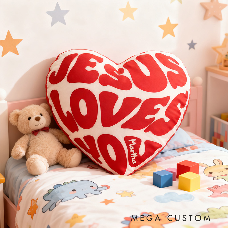 Personalized Jesus Loves You Heart Pillow with Custom Name Religious Home Decor Happy Valentine's Day Gift Graphic 3D Print Pillow
