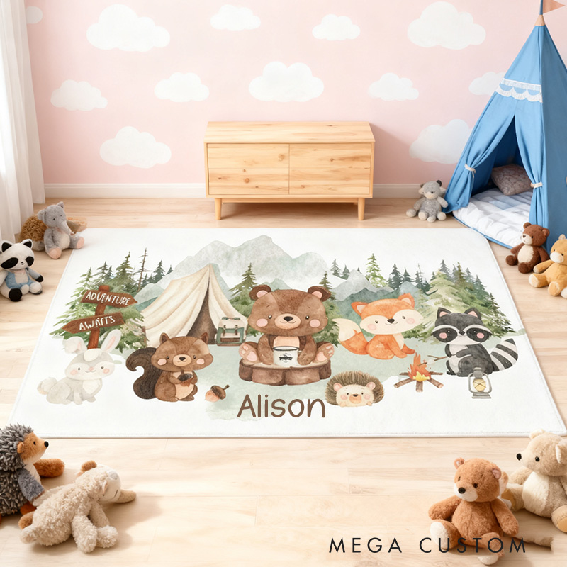 Personalized Woodland kid rug Forest kid decor Area rug for kids room  Camping rug  Camping Critters Rug Outdoor Lovers Gift