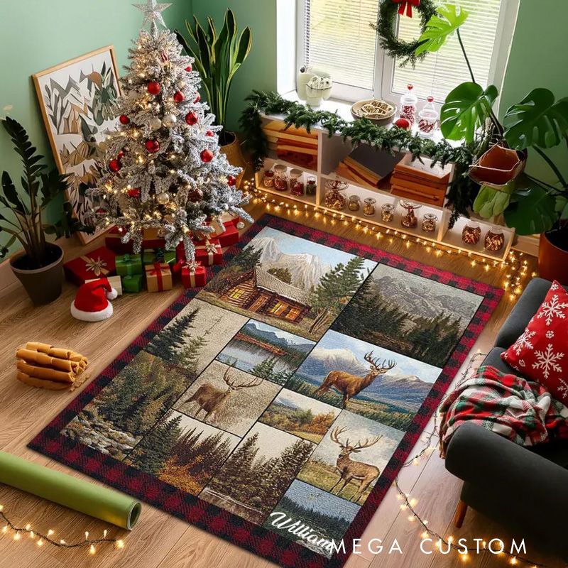Personalized Deer and Mountain Landscape Rug Rustic Cabin Area Carpet Nature Lodge Home Decor Gift Deer Forest Holiday Home Decor Xmas Decor Rug