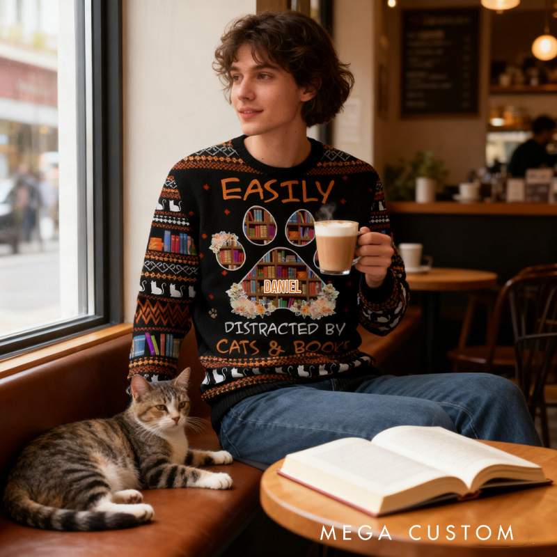 Personalized Easily Distracted by Cats and Books Ugly Sweater Christmas Gift Ugly Sweater for Book Lovers Reader Bookworm Bookish Librarian
