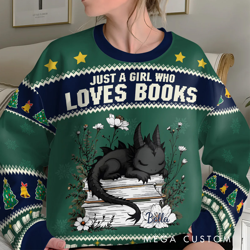 Personalized Just a Girl Who Loves Books and Dragons Ugly Sweater Christmas Gift Ugly Sweater for Book Lovers Reader Bookworm Bookish Librarian