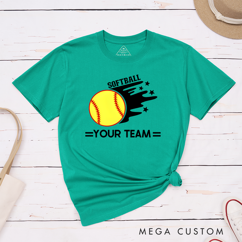 Personalized Softball Team T-Shirt Design Featuring Customizable Team Name Bold Motion Trail Graphic with Stars and Striking Softball Element