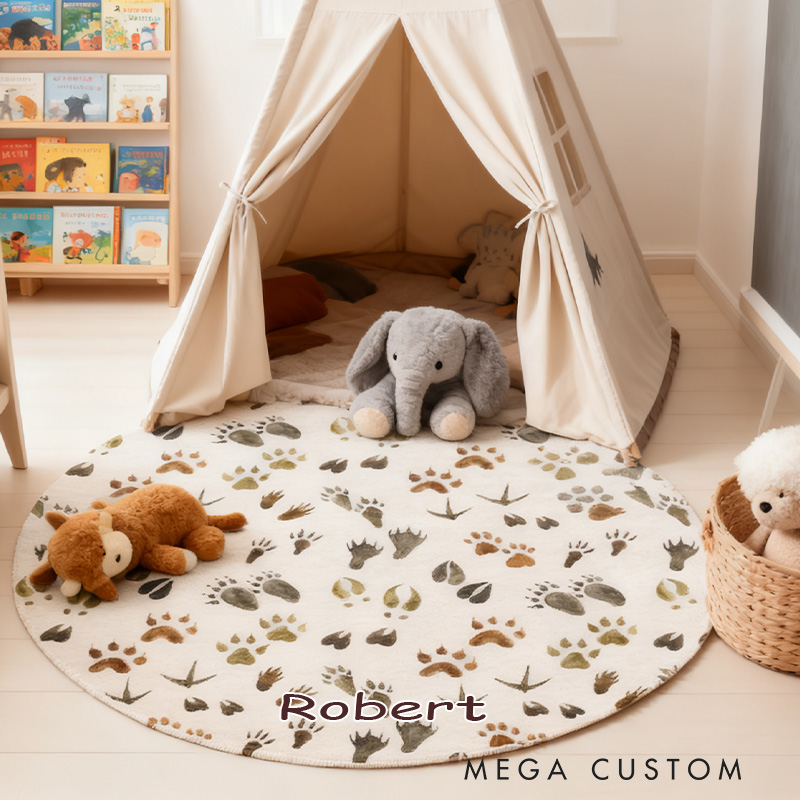 Personalized Animal Tracks Rug Woodland Nursery Decor Forest Round Rug Kids Play Room into the Wood Nursery Outdoor Lovers Gift