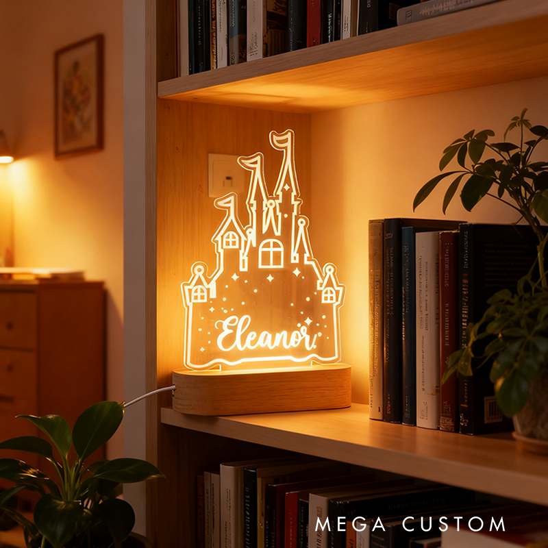 Personalized Cartoon Princess Castle Name Acrylic LED Night Light with Wooden Base Home Decor Birthday Children's Day Gift for Daughters Girls