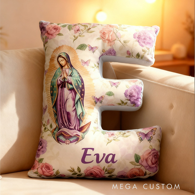 Personalized Our Lady of Guadalupe Purple Letter Pillow with Custom Name Religious Home Decor Catholic Gift Mom Virgen de Guadalupe Graphic 3D Print