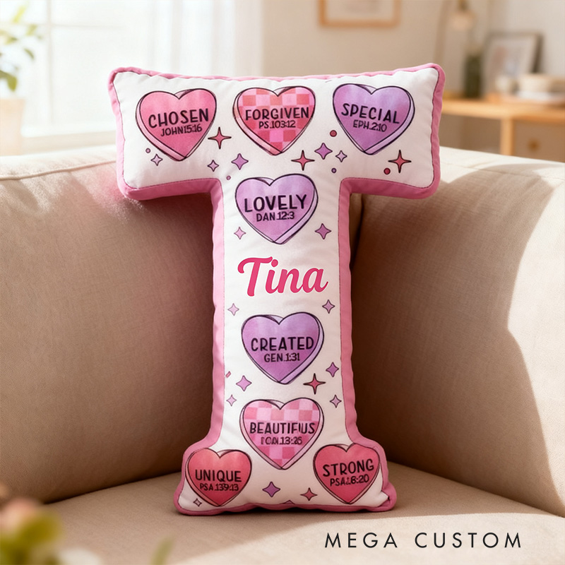 PersonalizedBible Verse Heart Shaped Letter Pillow with Custom Name Religious Home Decor Christian Gift Valentine Gift Encouragement Graphic 3D Print