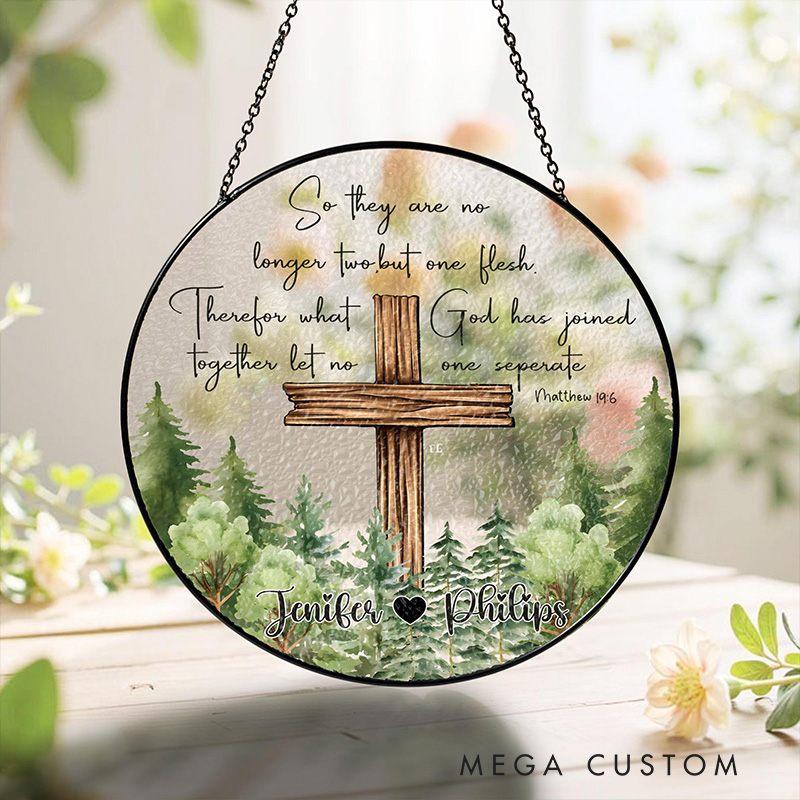 Personalized Christian Wedding Stained Glass Suncatcher Ornament with Custom Name Cross Window Hanging Decor Religious Gift for Couple Wedding Gift