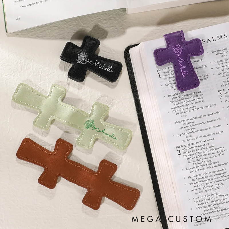 Personalized Birth Flower PU Leather Cross Magnetic Bookmark Clip with Name Reading Supplies First Communion Baptism Gift for Christians Bookworms