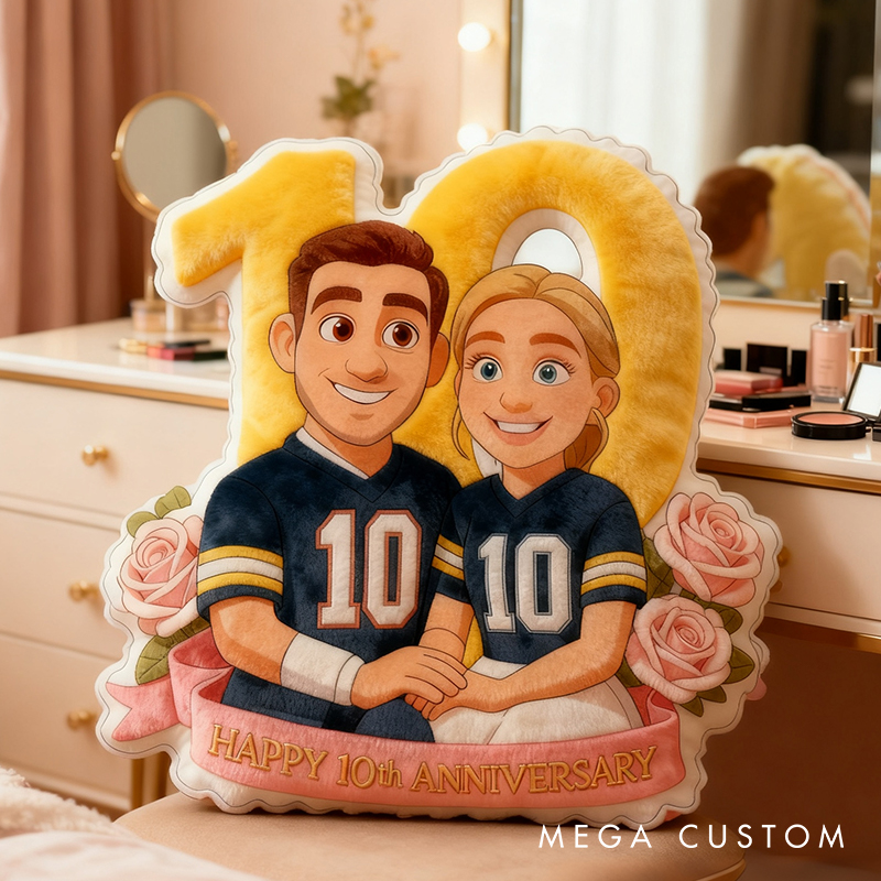 Personalized 10th Anniversary Football Player Pillow with Custom Couple Portrait and Romantic Floral Design Anniversary Gift Valentines Day