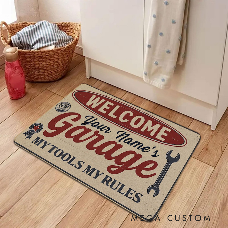 Personalized Garage Doormat Custom Name Welcome Mat My Tools My Rules Design Coir Welcome Mat for Car Lovers