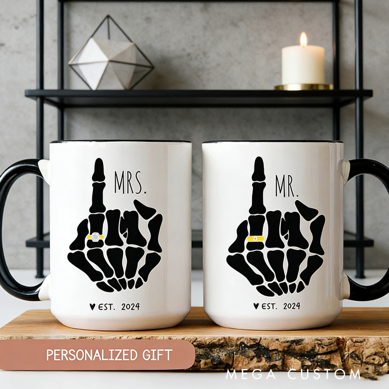 Personalized Geek Funny Mr and Mrs Mug Skeleton Hand Couple Coffee Mug Set Goth Engagement Gift for Geek