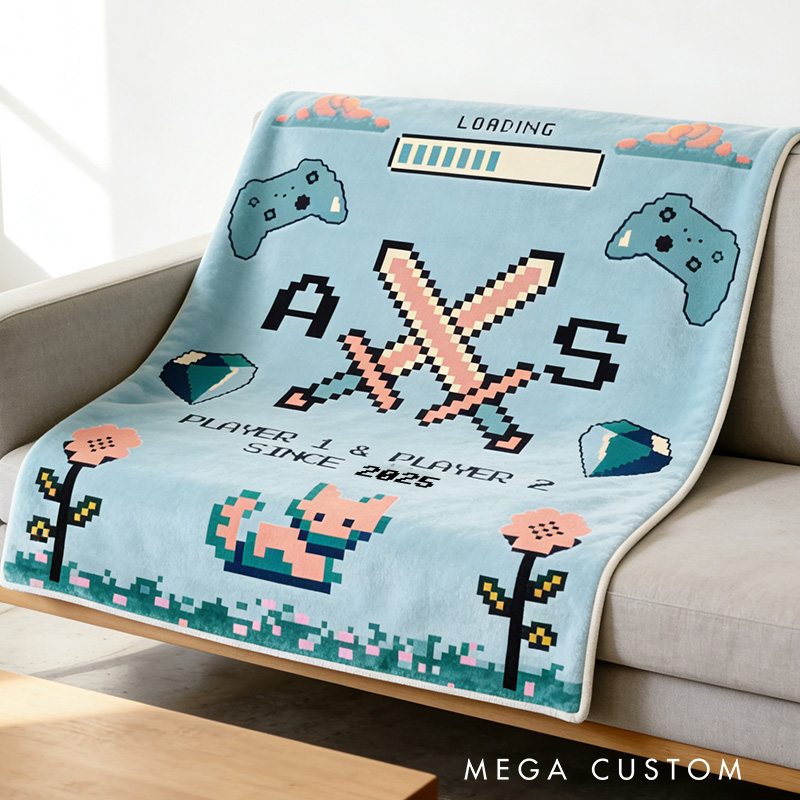 Personalized Gamer Couple Blanket Pixel Art Anniversary Gift Video Game Tapestry Blanket Geek Game Lover Gift