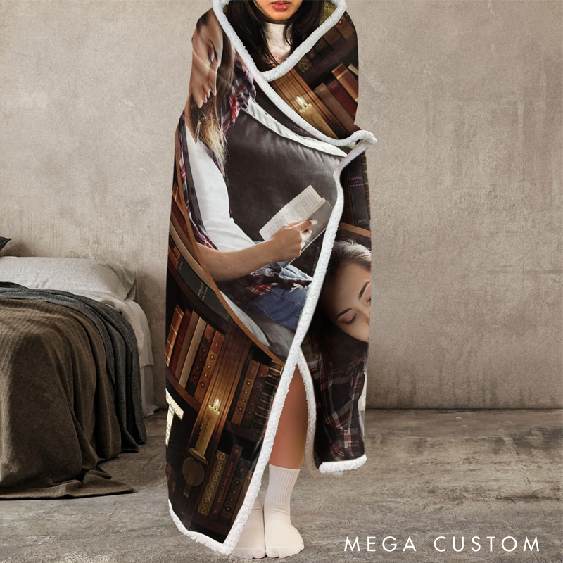 Personalized My Book Reading Blanket Hoodie Custom Photo Wearable Blanket Hoodie with Name for Book Lovers Bookworm Birthday Gift for Bookworm