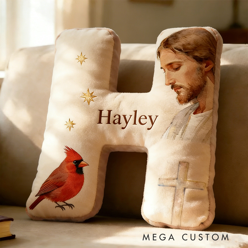 Personalized Jesus with Cardinals Letter Pillow with Custom Name Religious Home Decor Jesus Christ Graphic 3D Print Pillow Christian Gift Faith Gift
