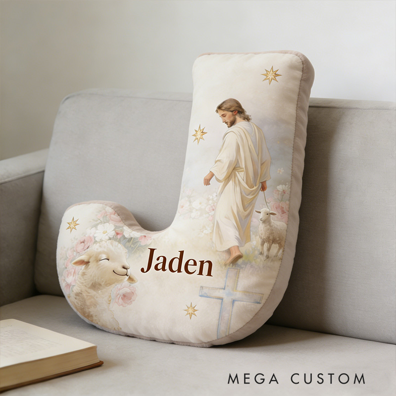 Personalized Jesus and Lamb Letter Pillow with Custom Name Religious Home Decor The Lost Sheep Graphic 3D Print Pillow Jesus Good Shepherd Faith Gift