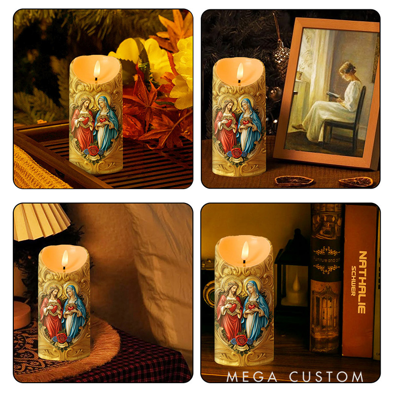 Personalized Eternal Hearts of Heaven Flameless LED Candle with Name Catholic Religious Decor Sacred Heart of Jesus and Virgin Mary Prayer Faith Gift