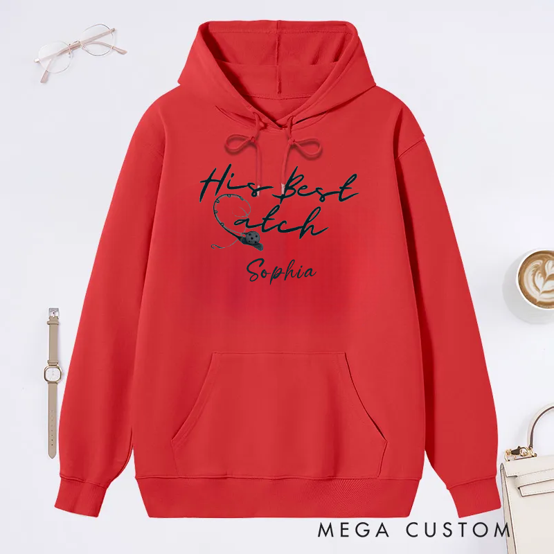Personalized Fishing Couple Hoodies Funny Fishing Sweatshirt His or Her Best Catch Design Custom Name Romantic Gift for Fishing Lovers Wife Husband or Couples