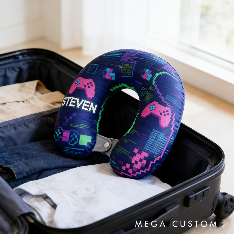 Personalized Glitch Art Style Gamer Graphic 3D Print Game Controller U-Shaped Pillow for Game Lovers Travel Neck Pillow Christmas Gift for Kids