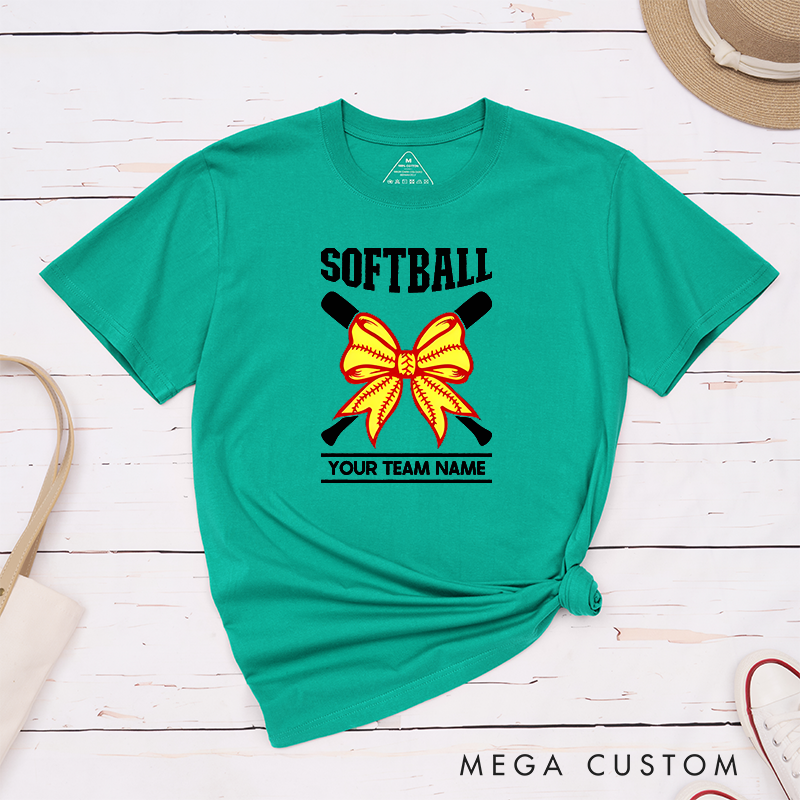 Personalized Softball Team T-Shirt Design Featuring Customizable Team Name Striking Softball Bow Graphic and Crossed Bats