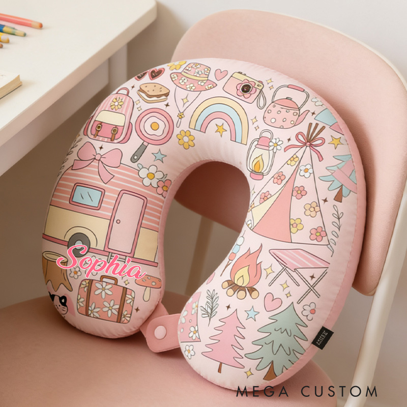 Personalized Camping Adventure Travel U-Shaped Pillow with Custom Name for Outdoor Camping and Hiking Lovers Gift for Kids